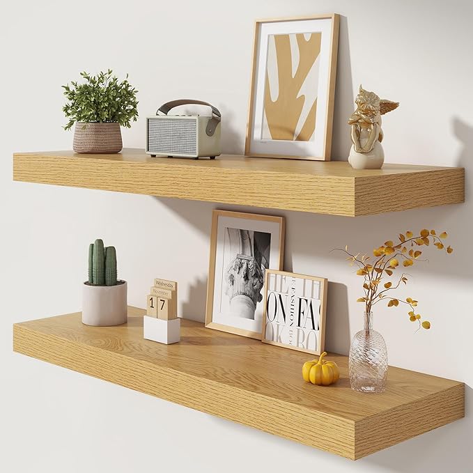 Deep Floating Shelves | 40 Inch Oak Floating Shelves Set of 2 | 12 Inch Deep Wood Wall Shelves | 40" W x 12" D Oak Shelves for Bathroom Living Room Kitchen Laundry Room