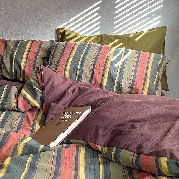 mixinni Vintage Striped Duvet Cover Set Twin XL Size - 3 Piece 100% Washed Cotton Bedding Set, Soft & Breathable,Colorful Striped Pattern Printed Comforter Cover for All Seasons