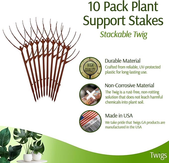Stackable Plant Support Stakes, Indoor & Outdoor Houseplant Stem Support, Garden Accessories, Durable Trellis Alternative for Climbing & Potted Plants - Begonia Red, 10 Pack, 17" L