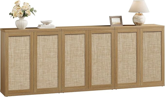 SICOTAS Rattan Sideboard Buffet Storage Cabinet - Farmhouse Boho Coffee Bar Cabinet with Adjustable Shelves, Large Console Table Credenza Stand for Living Room, Dining Room, Entryway, Oak (3 PCS)