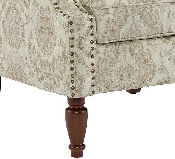 High Back Accent Chair, Fabric Upholstered Armchair for Living Room, Floral Wingback Chair with Retro Solid Wood Legs, Nailhead Trim Single Sofa Bedroom Reading Seat - White