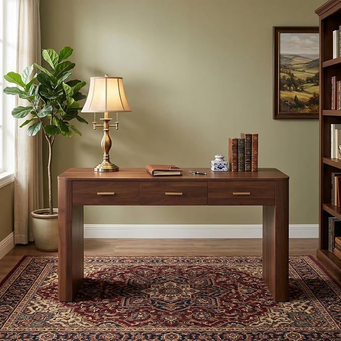 Merax Modern Minimalist Computer Desk with 3 Storage Drawers, 58.3" Wood Computer Desk with Rounded Edges & Reinforced Legs, Large Home Writing Desk for Bedroom, Dark Walnut