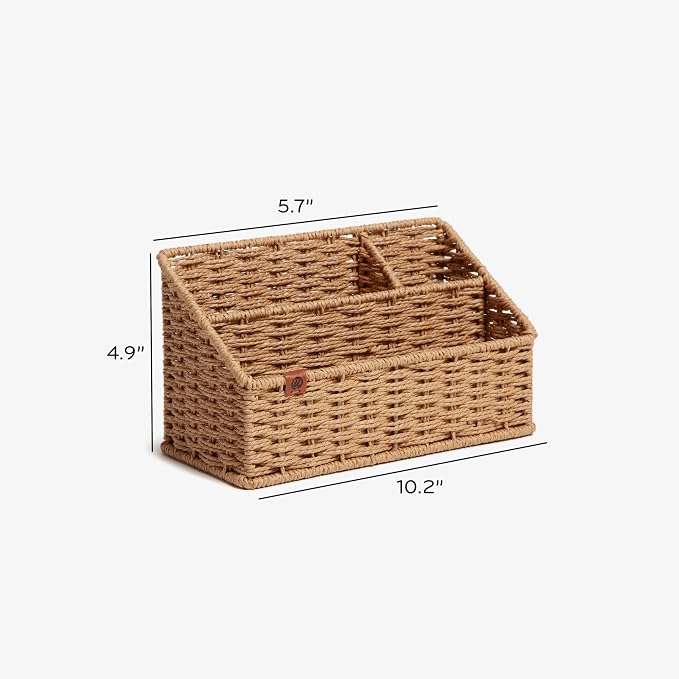 U Brands Woven All-in-1 Desk Organizer, Rattan-Inspired Wicker Style Office Organization Supplies, 1 Count, Brown