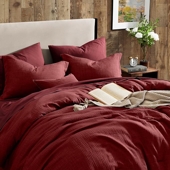 Geniospin King Comforter Set - 7 Pieces Comforter King Size, Soft Solid Bedding Set for All Season, Dark Red Textured Bed in a Bag with Sheets, Pillowcases & Shams
