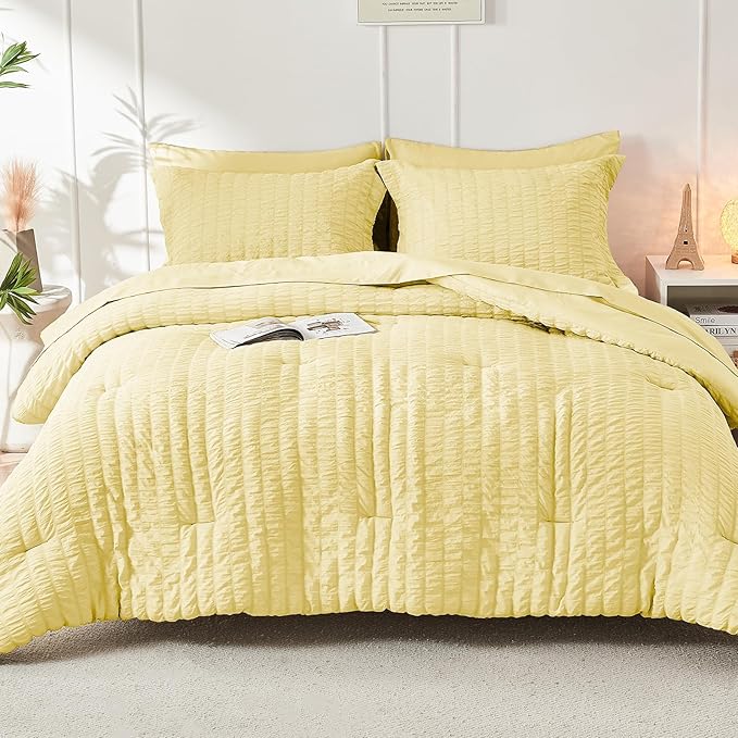 HYMOKEGE Yellow King Size Comforter Set Seersucker 7 Pieces, All Season Luxury Bed in a Bag for Bedroom, Bedding Set with Comforter, Sheets, Pillowcases & Shams