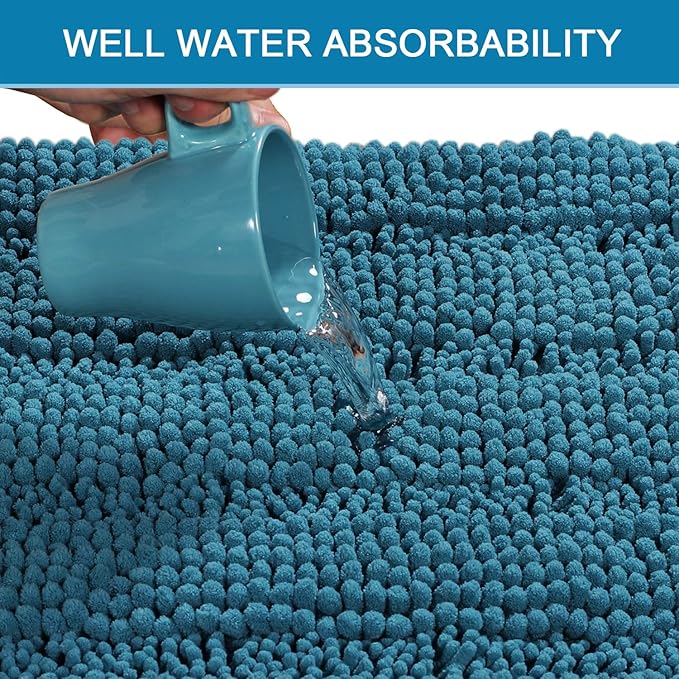 H.VERSAILTEX Bath Rugs for Bathroom Non Slip Bath Mats Extra Thick Chenille Striped Bath Rug Runners 47" x 17" Absorbent Fluffy Soft Shaggy Mats Plush Area Carpet for Bath Room - Turquoise Blue