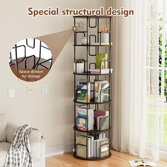 YZU Rotating Bookshelf 5 Tier 360 ° Display Spinning Bookshelf Tower, Revolving Bookcase Narrow Space Saving Swivel Book Shelf Corner Storage Organizer for Bedroom, Living Room Corner, Office (Brown)