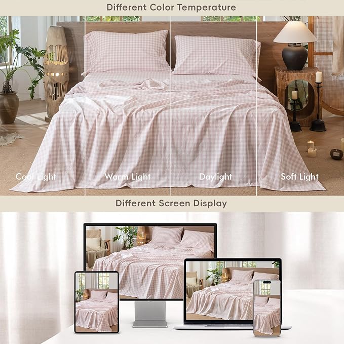 MooMee Gingham Sheet Set 100% Washed Cotton Linen Like Textured Breathable Soft w/Fully Elasticized 16-19" Deep Pocket (Classic Gingham Greyish Pink, Queen)