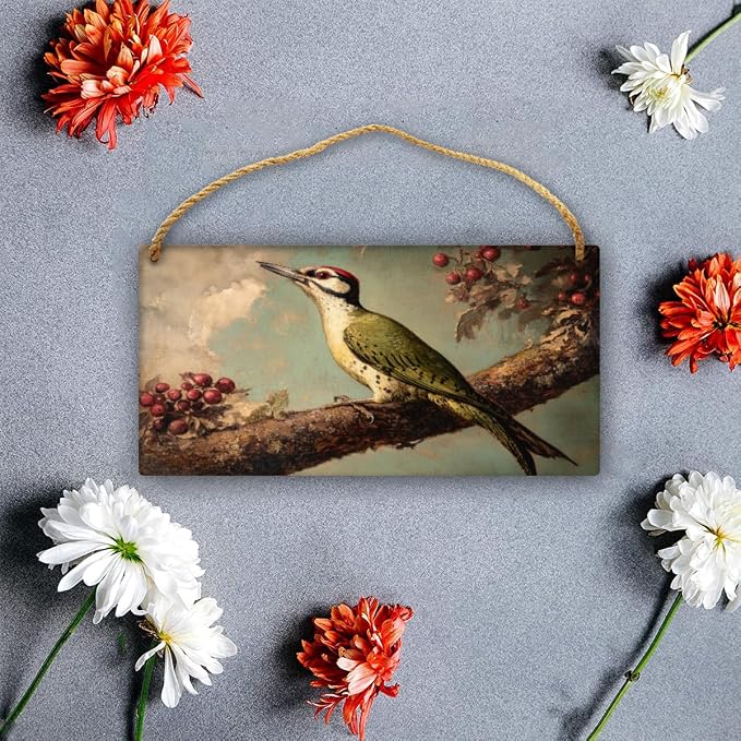 Retro Woodpecker on Berry branches Wooden Sign 12x6 Inch, Nature Art for Country-Inspired Homes, Living Room Highlight, Great Gift for Bird Collector Fans & Nature Enthusiasts