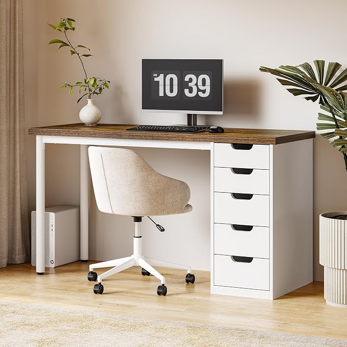 LITTLE TREE Computer Desk with 5 Drawers, 47 Inch Modern Simple Study Writing Desk with Metal Frame, Work Desk for Home Office, Rustic Brown and White