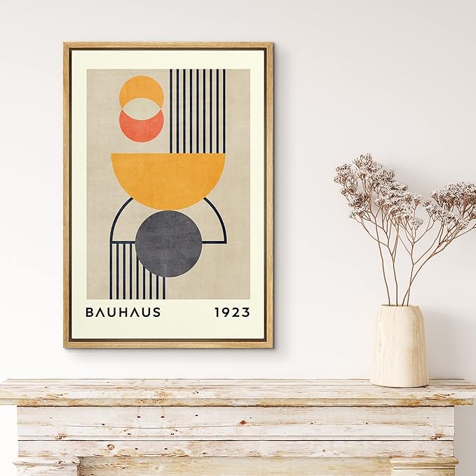 MUDECOR Framed Canvas Print Wall Art Bauhaus Orange Geometric Polygon Landscape Abstract Shapes Illustrations Fine Art Mid-Century Modern Multicolor for Living Room, Bedroom, Office - 24"x36" Natural