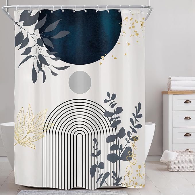 Riyidecor Extra Long Boho Modern Shower Curtain for Bathroom Decor 72Wx96H Navy Blue Abstract Bohemian Tropical Minimalist Aesthetic Art Printed Fabric Polyester Waterproof 12 Pack Plastic Hook