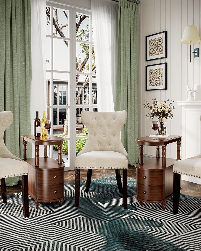 Biaco Set of 2 Solid Wood End Tables with 2 Drawers, Cherry Walnut Vintage Sofa Side Tables with Open Shelf,Full Assembly Slim Nightstands for Bedroom Living Room 23.4" Dx11.4 Wx25.3 H, BG-A508-CY