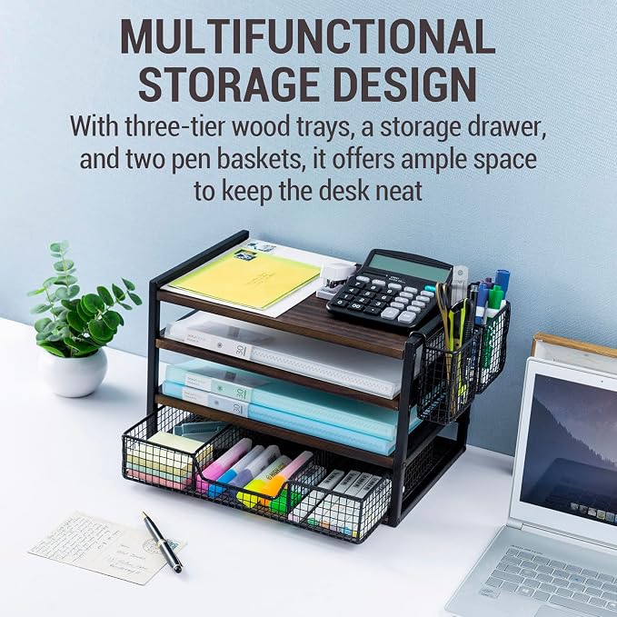 MyGift Urban Modern Black Metal Desk Organizer with 3 Tier Burnt Solid Wood Paper File Letter Trays, Office Supplies Storage Drawer and 2 Pen Holder Baskets