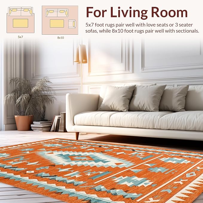 Flatwoven High Traffic Area Rug 5x7, Sunset Canyon Burnt Orange Tribal Diamond Rug, Non Slip, Stain Resistant, Washable Area Rugs for Living Room, Bedroom (Orange, 5x7)