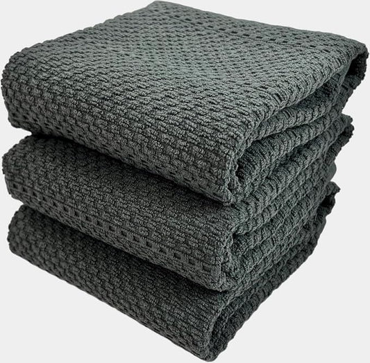 Serafina Home Dark Grey Gray Kitchen Hand Dish Towels: Oversized 28" x 18",100% Cotton Cloth Soft Cleaning Drying Absorbent Textured Design, Set of 3 Multipurpose for Everyday Use (Dark Grey)