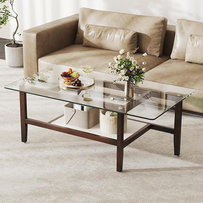 Tangkula Glass Coffee Table, 42” 2-Tier Rectangular Center Table with Storage Shelf & Solid Rubber Wood Legs, Modern Cocktail Table for Living Room, Home Office (Brown, 42" x 23.5")