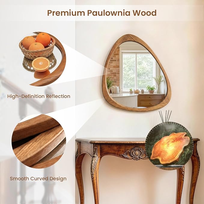 24" x 19" Asymmetrical Wall Mirror with Brown Wood Frame, Irregular Wall Mirror for Bedroom Entryway Living Room, HD Tempered Glass, Horizontal or Vertical Hanging