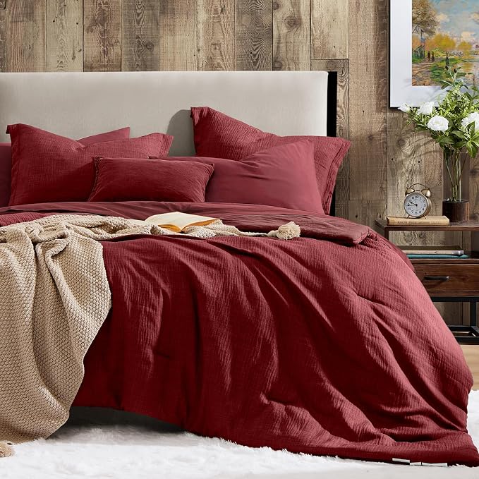 Geniospin King Comforter Set - 7 Pieces Comforter King Size, Soft Solid Bedding Set for All Season, Dark Red Textured Bed in a Bag with Sheets, Pillowcases & Shams