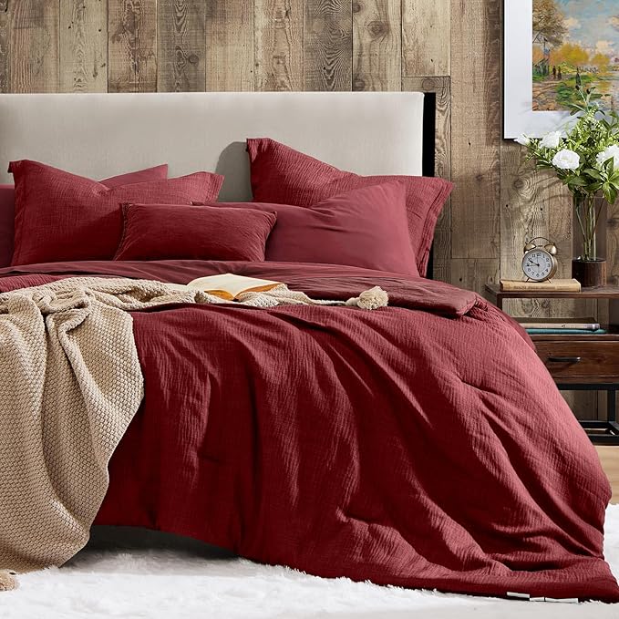 Geniospin Queen Comforter Set - 7 Pieces Comforter Queen Size, Solid Bedding Set for All Season, Dark Red Textured Bed in a Bag with Sheets
