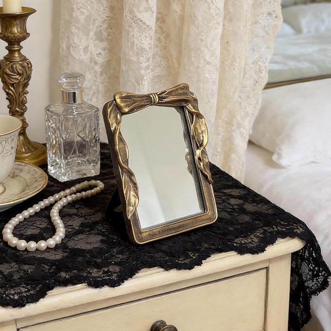Vintage Rectangular Vanity Desk Mirror - 8x6Inch Wall-Mounted & Tabletop Decorative Ornate Gold Accent Retro Makeup Mirror for Bedroom Dresser Living Room Bathroom Dorm Champagne Gold