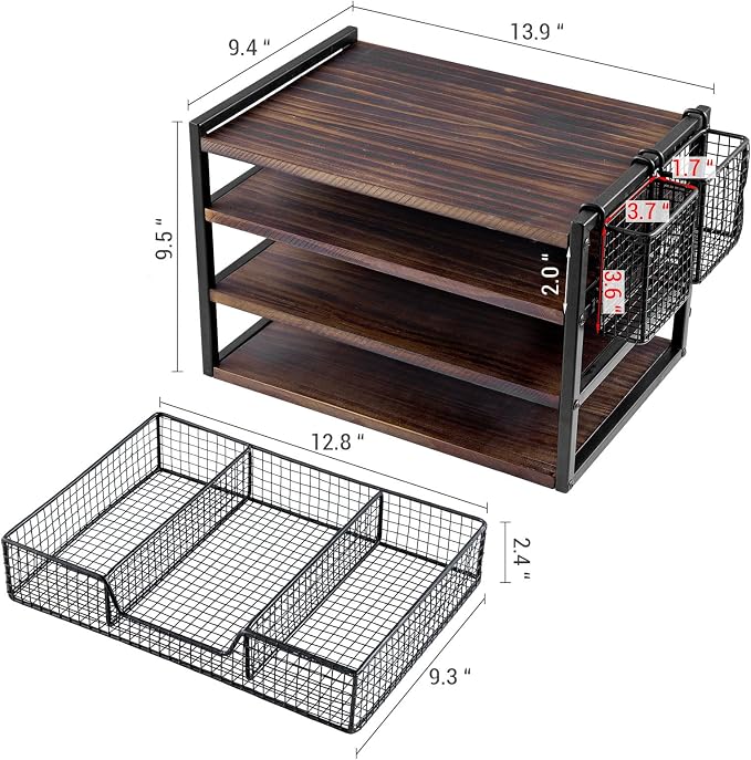 MyGift Urban Modern Black Metal Desk Organizer with 3 Tier Burnt Solid Wood Paper File Letter Trays, Office Supplies Storage Drawer and 2 Pen Holder Baskets
