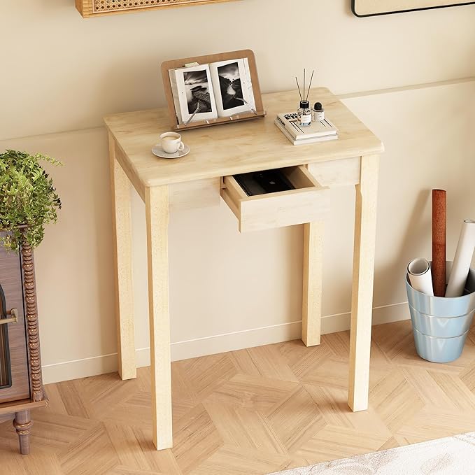 Solid Wooden Desk with Drawers - 24 x 16 Inch Narrow Desks for Small Spaces, Rubberwood Simple Study Table, Small Writing Desk for Bedroom - Natural Boho Desks