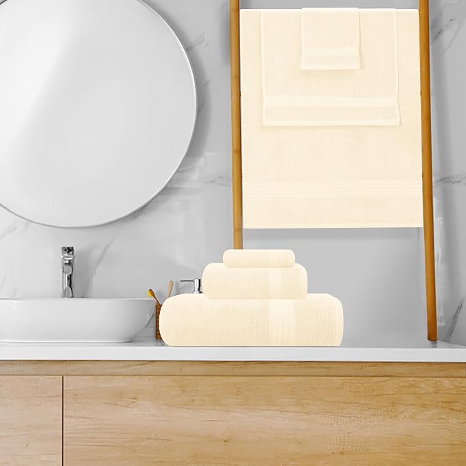 GLAMBURG Ultra Soft 8-Piece Towel Set - 100% Pure Ringspun Cotton, Contains 2 Oversized Bath Towels 27x54, Hand 16x28, 4 Wash Cloths 13x13 Ideal for Everyday use, Hotel & Spa Ivory Cream