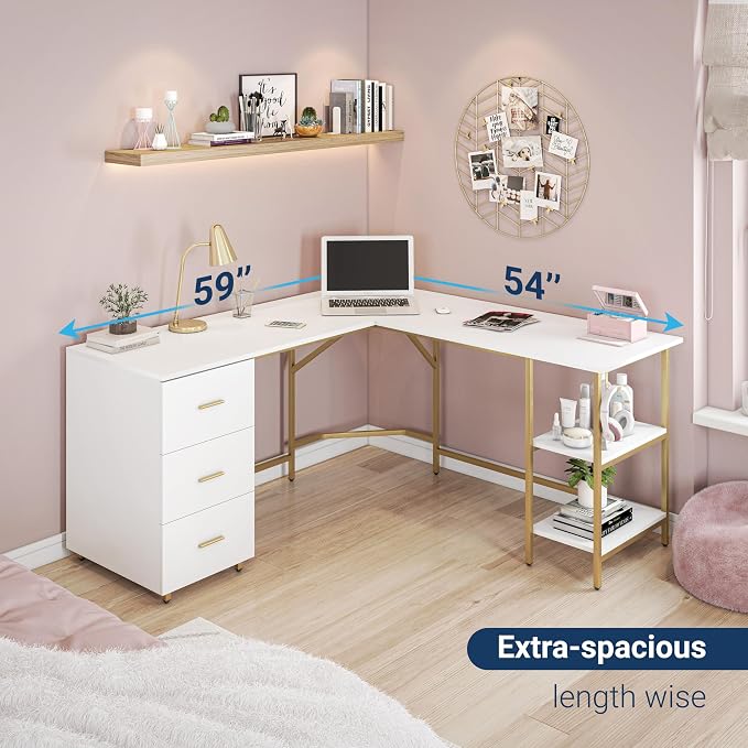 Techni Mobili L Shaped Desk - Two-Toned Computer Desk with Drawers & Storage Shelves - Simple Modern Furniture & Home Office Space Corner Table for Work & Writing