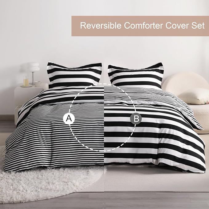 NTBAY 2 Pieces Duvet Cover Set Twin Size for Kids, Reversible Zipper Comforter Cover with 4 Corner Ties and 1 Pillow Sham, Soft Brushed Microfiber Duvet Cover Set with Black and White Stripe Printed