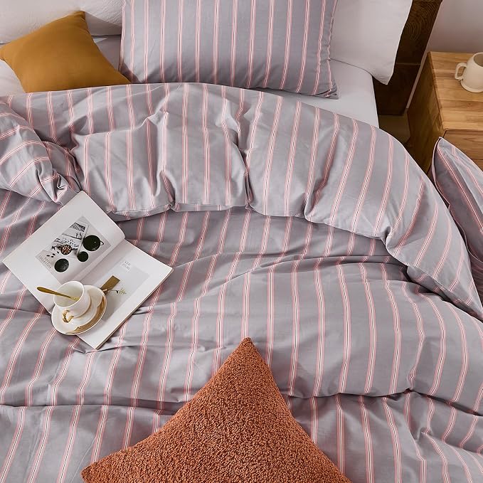Merryword 100% Cotton Duvet Cover Set Queen Size - Gray and Pink Striped Bedding Set with Zipper & Corner Ties, 3-Piece Luxury Linen Like Bedding Set for All Seasons