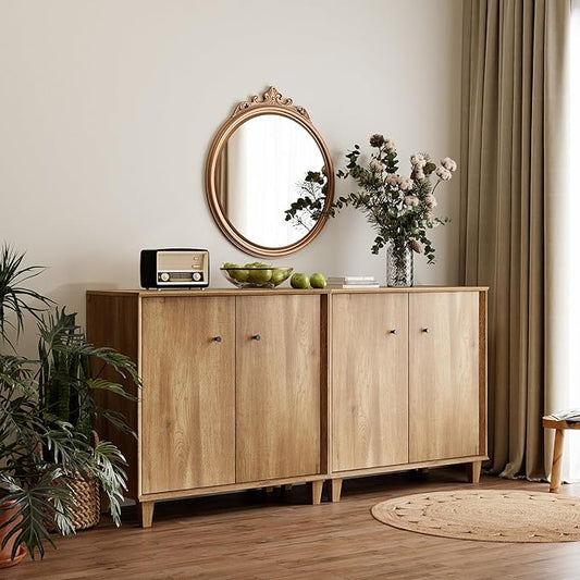 Sideboards Buffet Cabinet 2 in 1 Wide Credenza Buffet Table with Adjustable Shelf, Modern Kitchen Accent Cabinet with Storage Compartments for Dining Room Living Room, Hallway, Oak Brown