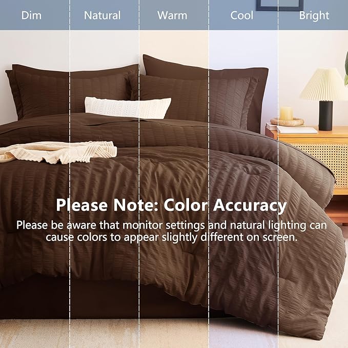 CozyLux California King Comforter Set with Sheets 7 Pieces Brown Seersucker Bed in a Bag, Cal King Luxury All Season Bedding Set with Down Alternative Comforter, Sheets, Pillowcases & Shams, Home Gift