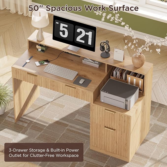 Vabches Fluted Computer Desk with Power Outlets, Home Office Desk with Drawers, Printer Stand, Wood Computer Desk with Long Monitor Stand, Oak