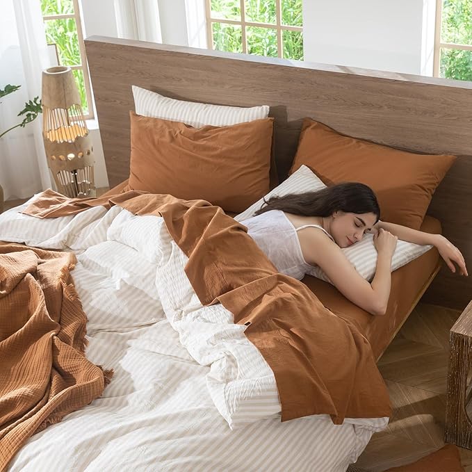 MooMee Bedding Sheet Set 100% Washed Cotton Linen Like Textured Breathable Durable Soft Comfy (Solid Dark Orange, Twin)