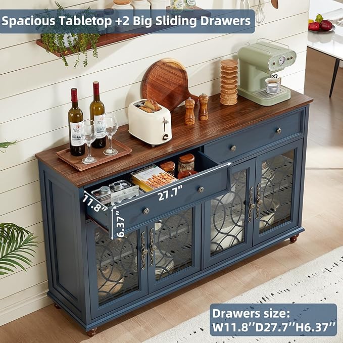 Large Sideboard Buffet Cabinet with Storage,59" Credenza with 4 Glass Doors & 2 Drawers,Adjustable Shelves Coffee Bar,Wood Kitchen Console Table for Dining Room,Living Room,Blue