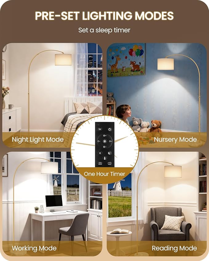 75" Arc Floor Lamp with Marble Base and Adjustable Height, Rotating Hanging Shade, Dimmable Floor Lamp for Living Room with Remote and Foot Switch, 3CCT, Over Couch Arched Light, White Gold DW15LD05