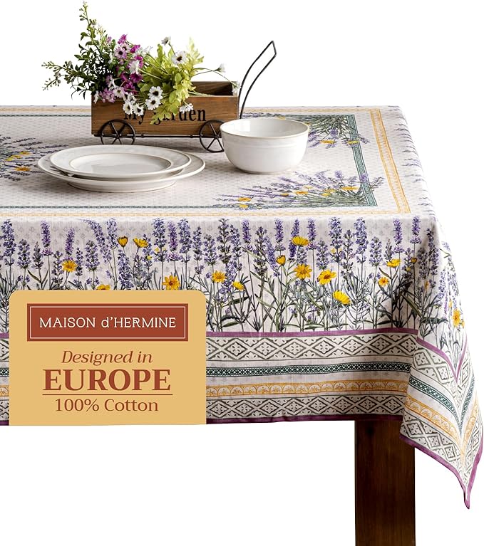 Maison d' Hermine Table Cloth Rectangle Table 100% Cotton 70 x 108 Inches Tablecloth Reusable Decorative for Dining Room Farmhouse Home Valentines Day Decorations Spring Summer - Fanny Lavender