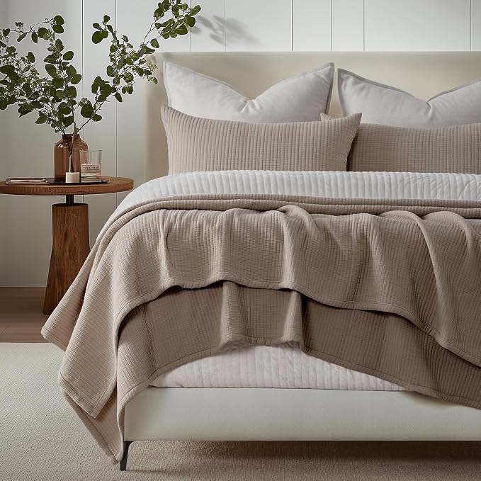 EVERGRACEHOME Cotton Gauze Full Queen Bedspread, Ultra Soft Prewashed Pick Stitch Matelassé Coverlet, Lightweight Textured Oversized Queen Quilt Bedding Set for All Season, w/ 2 Shams, Mocha Brown