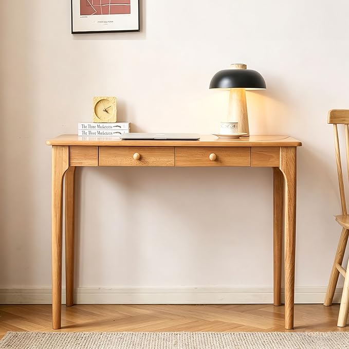 40" Solid Wood Desk with Drawers,Mid Century Modern Natural Real Wood Writing Desk,Home Bedroom Computer Office Workstation Desks,Small Spaces,Wood Color