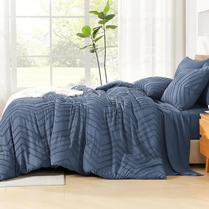 Litanika Oversized King Size Comforter Set with Sheets Ocean Blue - 7 Pieces Bed in a Bag Oversized King Boho Tufted Complete Bedding Sets with Comforter, Sheets, Pillowcases & Shams