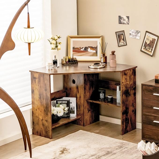 LDAILY Corner Desk, Space Saving 90 Degree Triangle Computer Desk with Storage Shelves & Cable Holes, Wood Compact Corner Writing Table for Small Spaces, Home Office, Bedroom & Living Room, Coffee