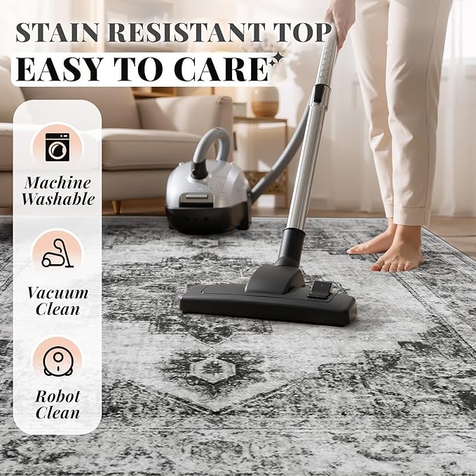 Area Rug 5x7 Vintage Rugs: Washable Indoor Medallion Rug Low Pile Distressed Floor Carpet Retro Accent Rugs for Living Room Bedroom Kitchen Dining Table Home Office(Black, 5'x7')