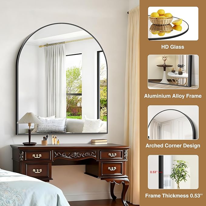 Arched Mirror, 40’’x48’’ Black Arch Mirror for Bathroom, Large Arched Bathroom Mirror with Frame, Modern Wall Mounted Mirror for Over Sink Mantle Bedroom Vanity Living Room Entryway