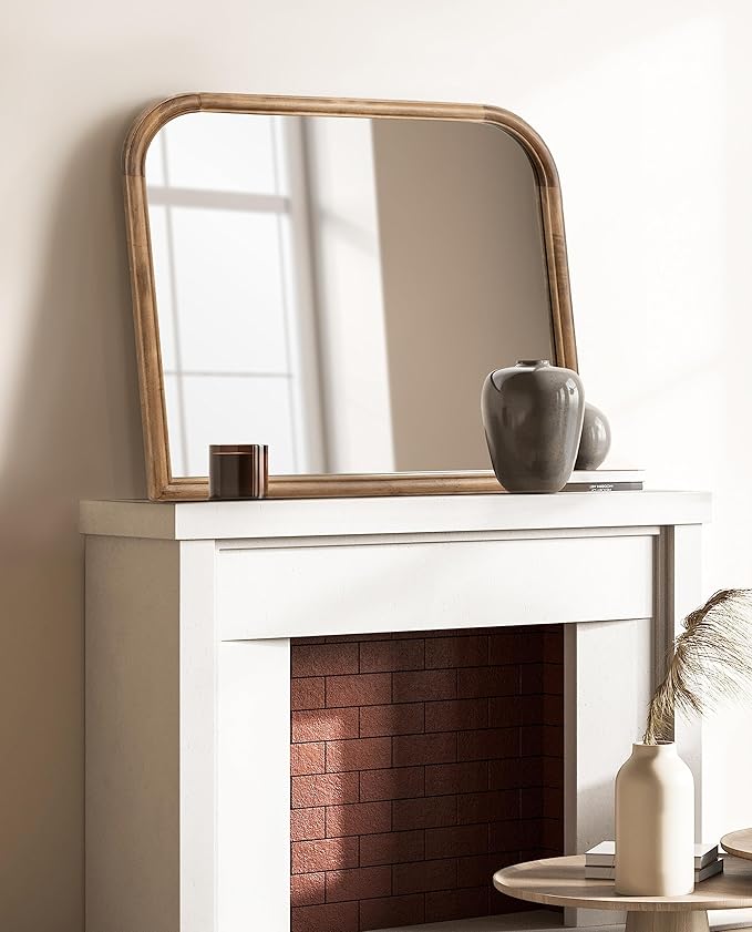 Kate and Laurel Glenby Transitional Wide Arch Wall Mirror, 34 x 28, Rustic Brown, Wooden Farmhouse Arched Bathroom Mirror with Rounded and Stepped Frame Profile