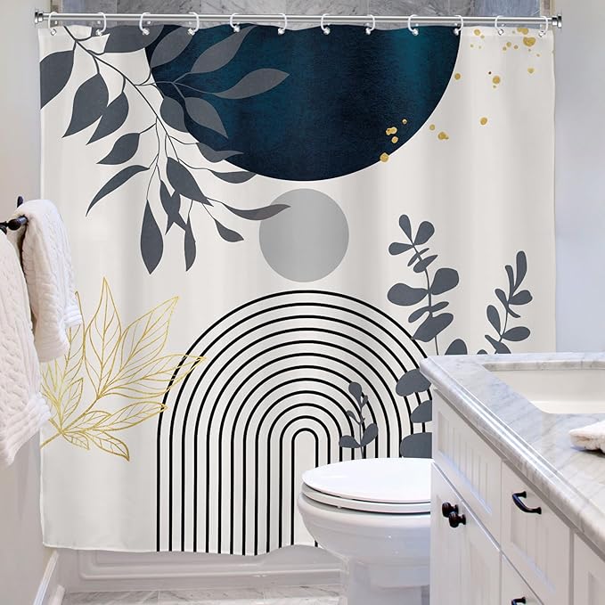 Riyidecor Boho Navy Blue Mid Century Shower Curtain,Modern Abstract Gold Leaves Fabric Cloth Bathroom Curtains,Minimalist Geometric Tropical Neutral Arch Sun Bathroom Decor Set with Hooks 72x72 Inch