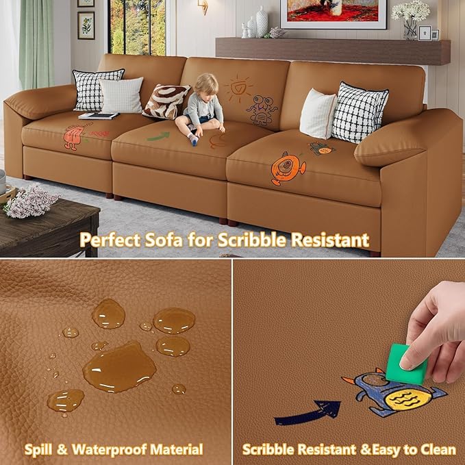 EASE MOOSE Leather Sectional Couch, Oversized Modular Sectional Sofas, Wide Deep Seat Modular Couch, Scratch Resistant Faux Leather Material, L Shaped Sofa for Big Spaces, Brown