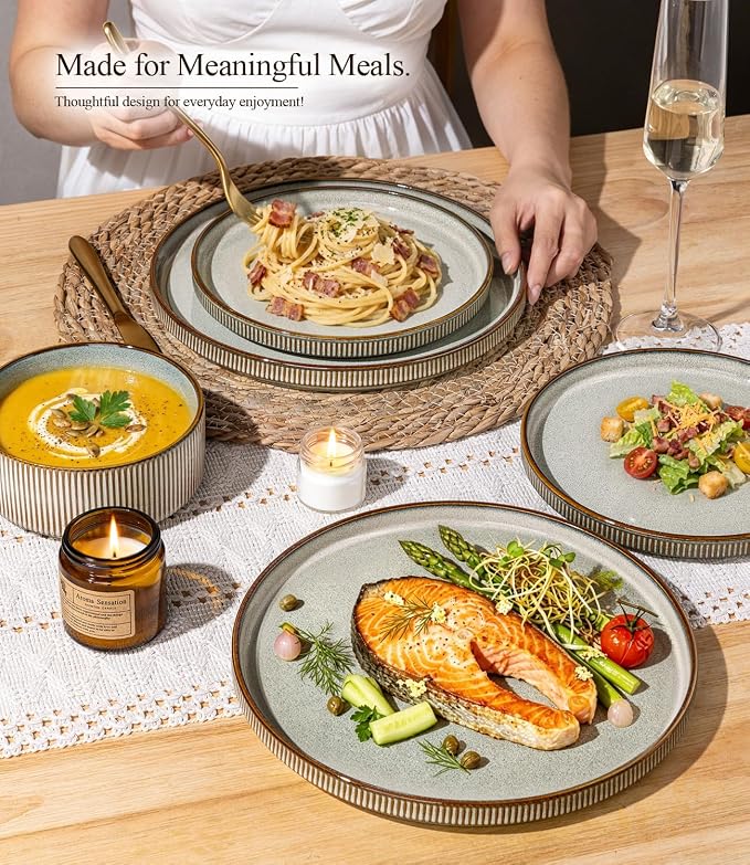 GBHOME 24-Piece Stoneware Dinnerware Set for 8 – Ribbed Ceramic Plates and Bowls, Scratch-Resistant, Microwave & Dishwasher Safe, Reactive Glaze, Reactive Glaze Green Wheat