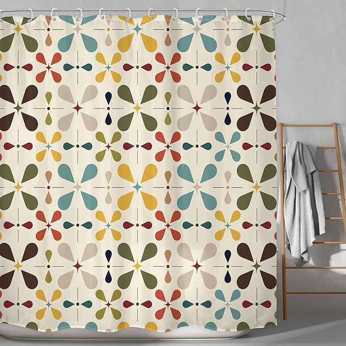 LGhtyro Boho Mid Century Shower Curtain Bathroom Set 71Wx71H Inches Modern Abstract Bohemian Vintage Colourful Geometric Retro Bath Accessories Water Drop Art Home Decor Fabric 12 Pack Hooks