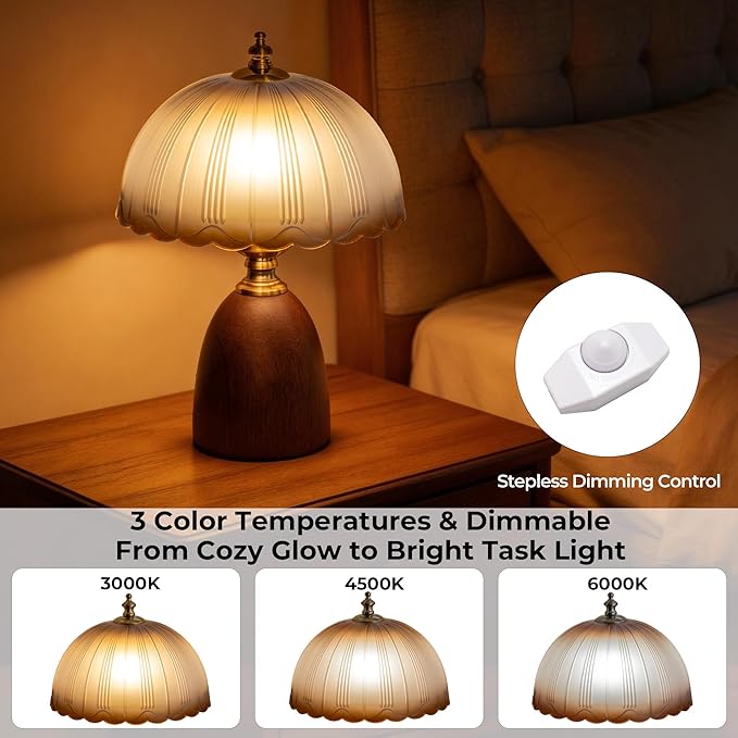 13“ Mid-Century Modern Amber Small Table Lamp, Vintage Scalloped Gradient Glass Bedside Lamp for Bedroom Living Room, Solid Walnut Wood Style Base 3-Color Dimmable LED, Aesthetic Decor Gift